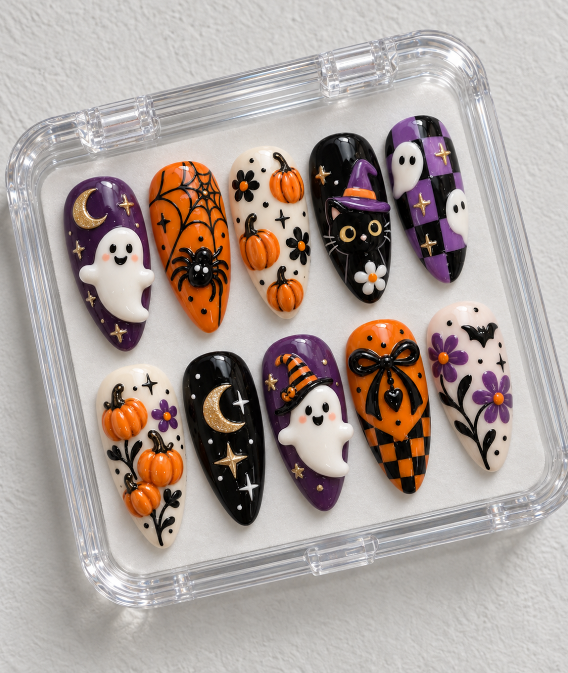 Halloween press-on Nails, Cute Ghost Nails, Purple Orange Pumpkin Nails, Black Cat Nail Art, Spooky Fall Press Ons.