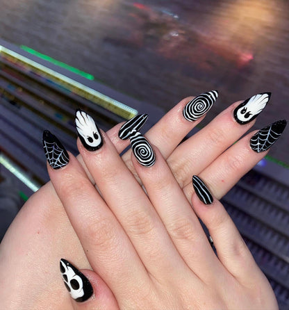Halloween press-on Nails: Gothic Spider Web, Ghost, Uzumaki Nail Art.