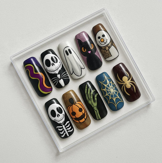 Halloween press-on Nails; Jack Skellington Pumpkin Ghost Cat Nail Art.