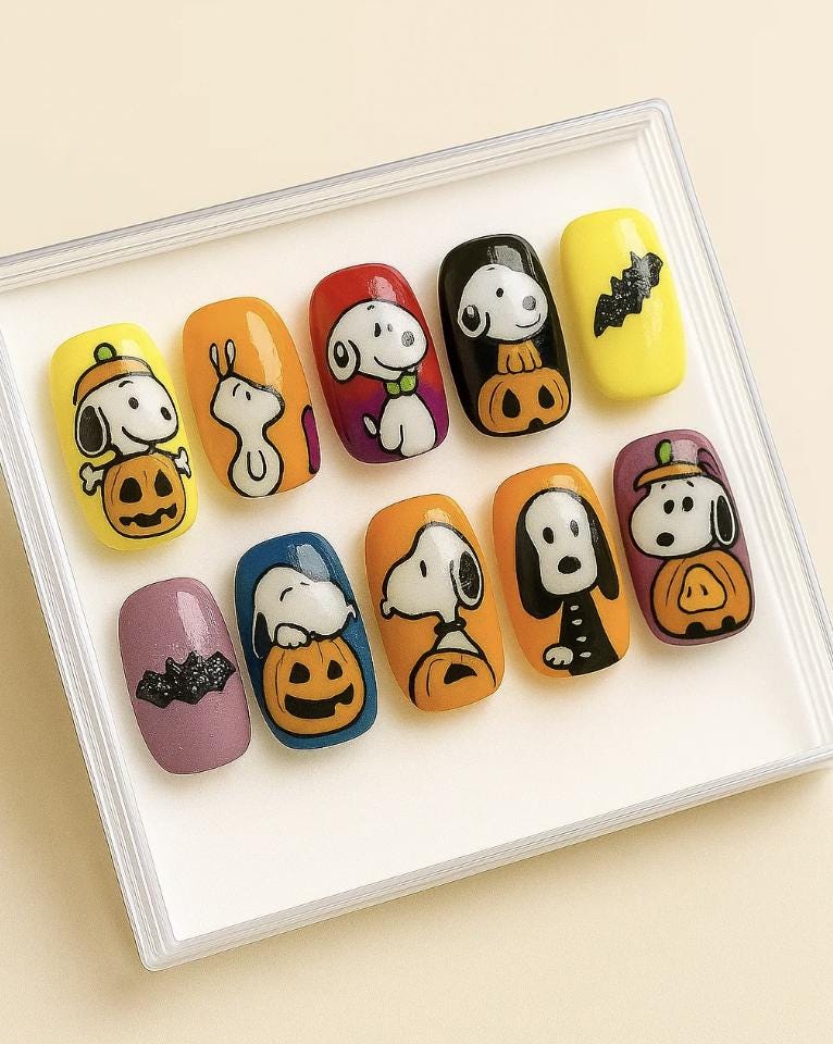 Halloween Snoopy press-on Nails; Kawaii Peanuts Cartoon Fake Nails, Pumpkin Bat Spooky Cute Handmade False Nails.