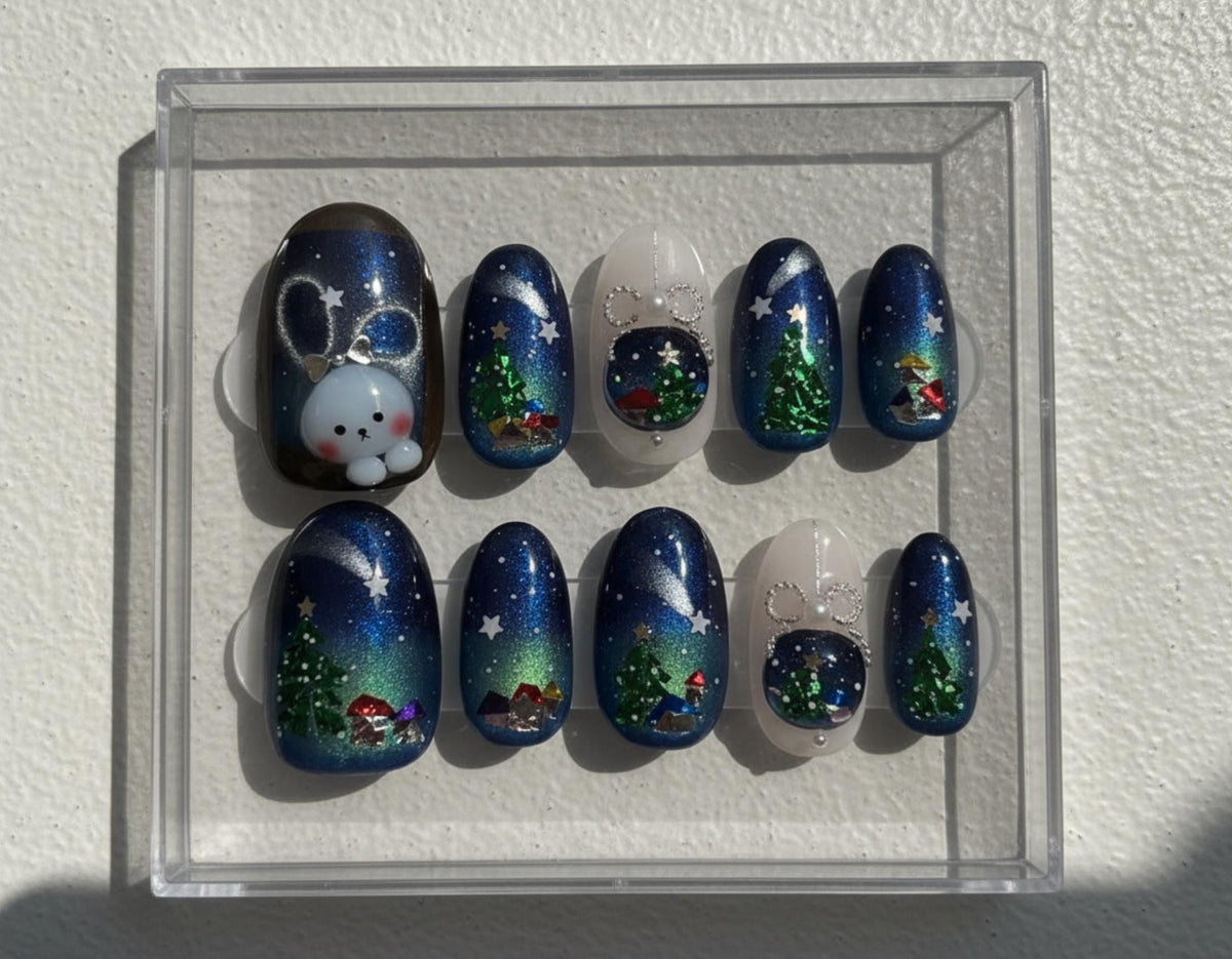 Hand Painted Christmas press-on Nails; Winter Night Sky, Cute Bunny, 3D Design, Glitter Tree, Holiday Fake Nails, Gift for Her, Nail Tips.