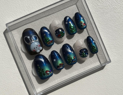 Hand Painted Christmas press-on Nails; Winter Night Sky, Cute Bunny, 3D Design, Glitter Tree, Holiday Fake Nails, Gift for Her, Nail Tips.