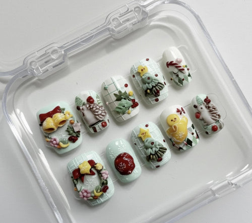 Handmade 3D Christmas press-on Nails: Pastel Kawaii Holiday Nail Art.