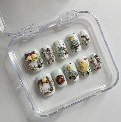 Handmade 3D Christmas press-on Nails: Pastel Kawaii Holiday Nail Art.