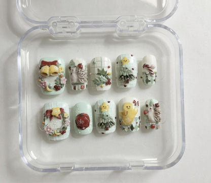 Handmade 3D Christmas press-on Nails: Pastel Kawaii Holiday Nail Art.