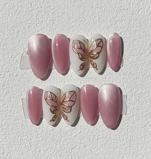Handmade Cat Eye press-on Nails: Pink Butterfly Nail Art.