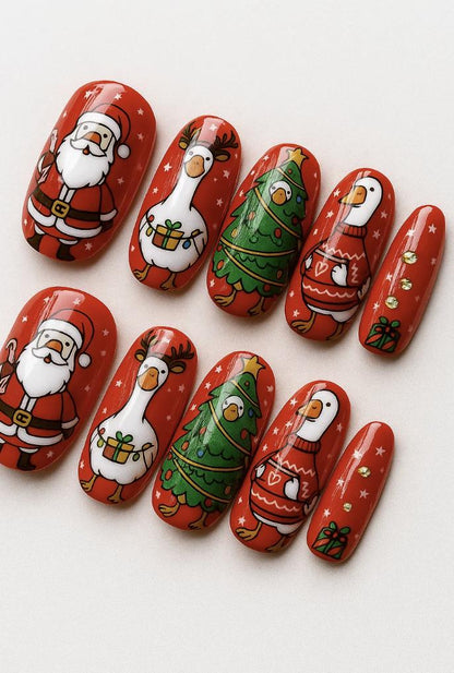 Handmade Christmas press-on Nails: Silly Goose Holiday Nail Art.