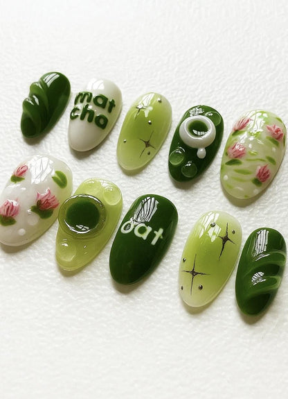 Handmade Matcha press-on Nails: 3D Kawaii Green Tea Nail Art.