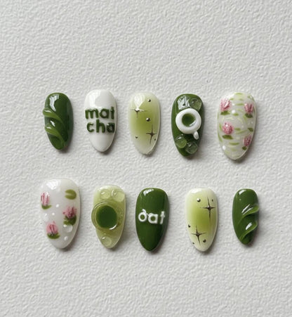 Handmade Matcha press-on Nails: 3D Kawaii Green Tea Nail Art.