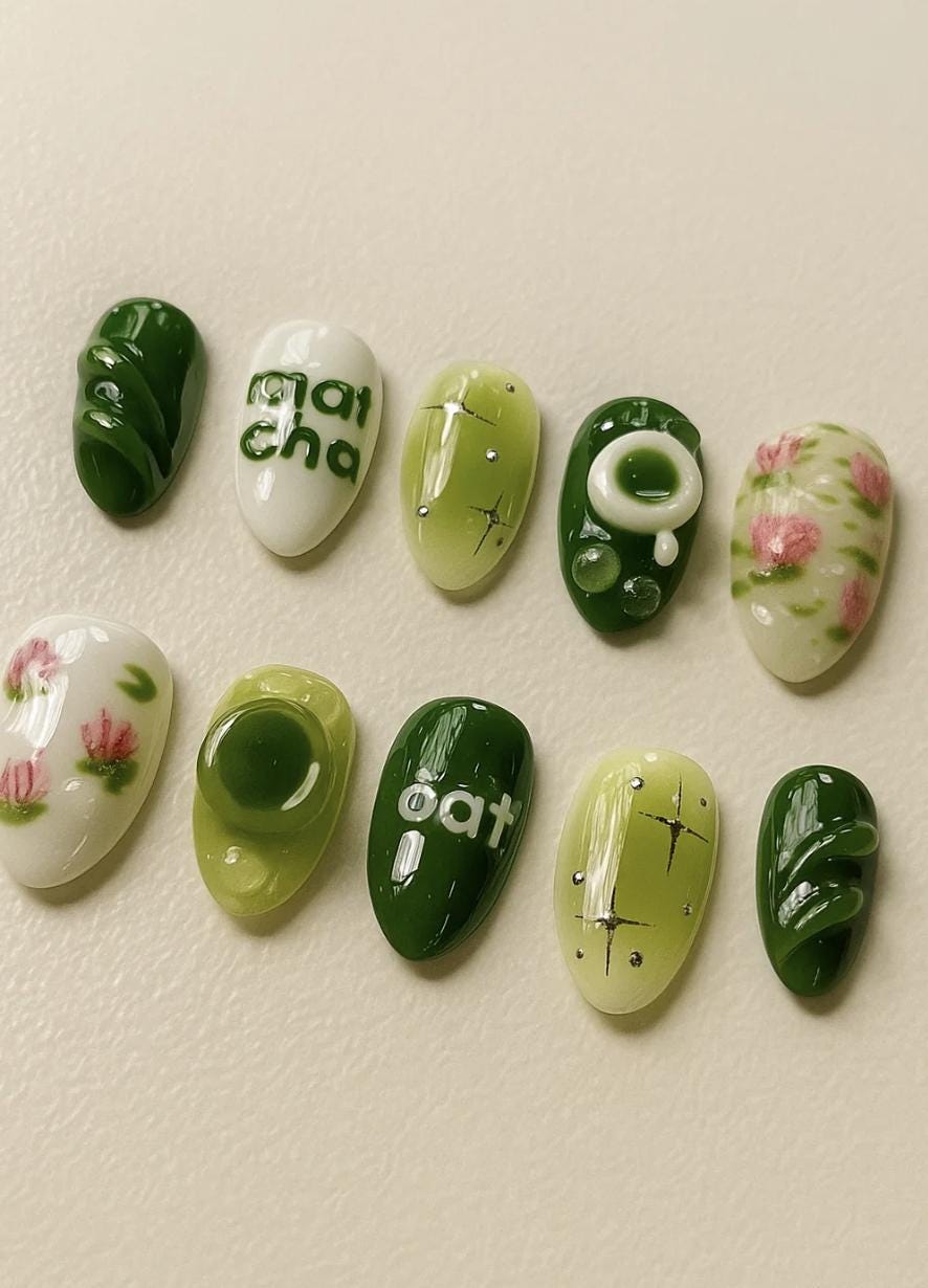 Handmade Matcha press-on Nails: 3D Kawaii Green Tea Nail Art.