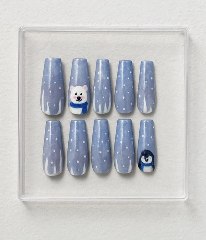 Handmade Winter press-on Nails: Polar Bear and Penguin Holiday Nail Art.