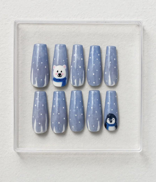 Handmade Winter press-on Nails: Polar Bear and Penguin Holiday Nail Art.