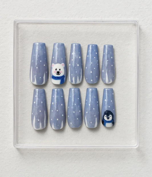 Handmade Winter press-on Nails: Polar Bear and Penguin Holiday Nail Art.