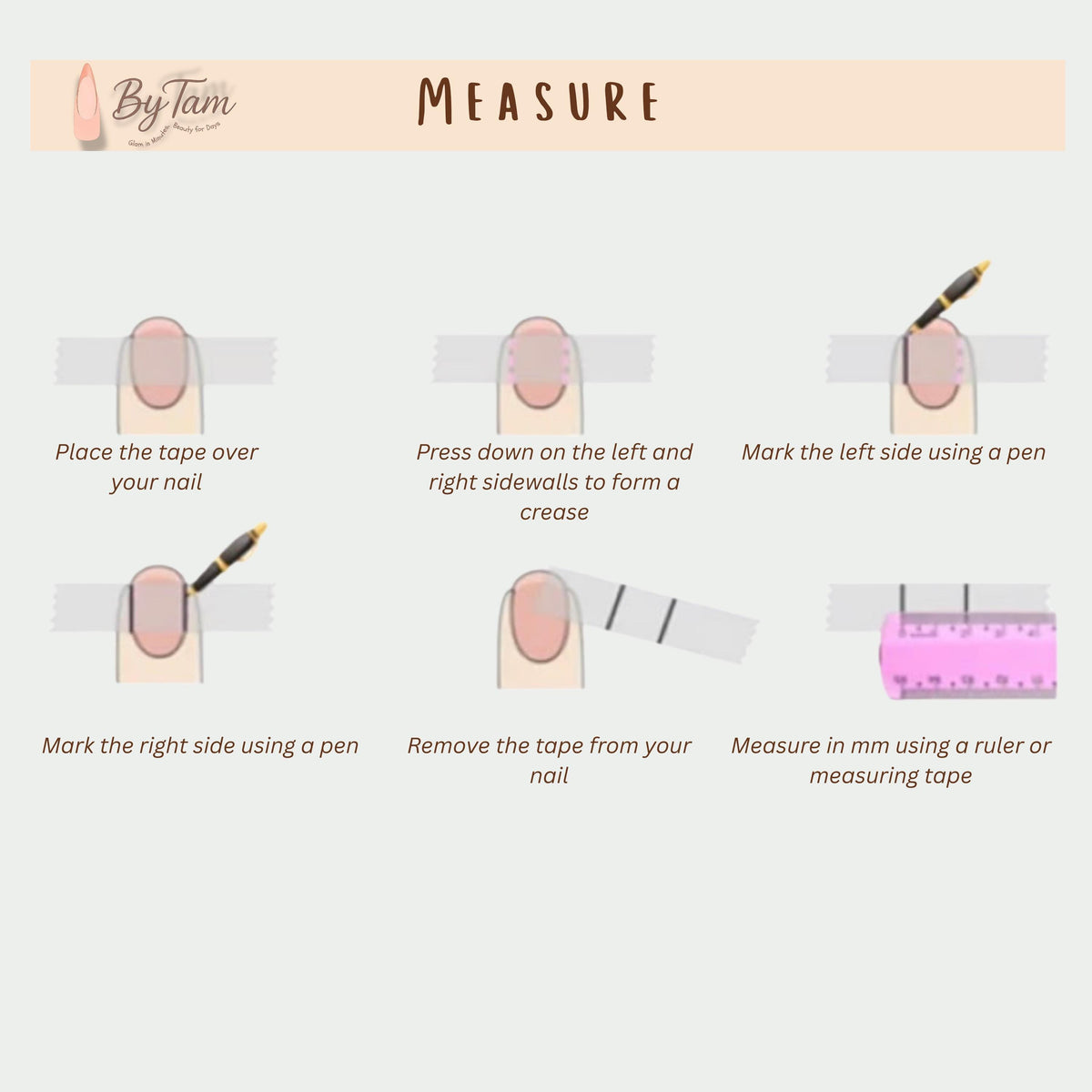 Step-by-step nail width measurement guide using tape, a pen and a ruler.