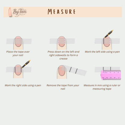Step-by-step nail width measurement guide using tape, a pen and a ruler.