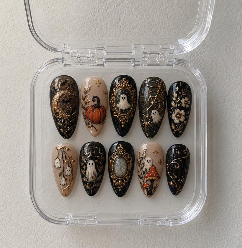 Vintage Halloween Press On Nails | Ghost Pumpkin Mushroom Nails | Gothic Black Gold Nails | Witchy Spider Web Fall Nail Art
