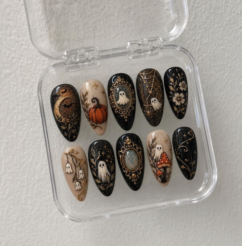 Vintage Halloween Press On Nails | Ghost Pumpkin Mushroom Nails | Gothic Black Gold Nails | Witchy Spider Web Fall Nail Art