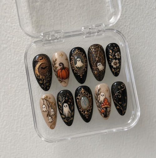 Vintage Halloween Press On Nails | Ghost Pumpkin Mushroom Nails | Gothic Black Gold Nails | Witchy Spider Web Fall Nail Art