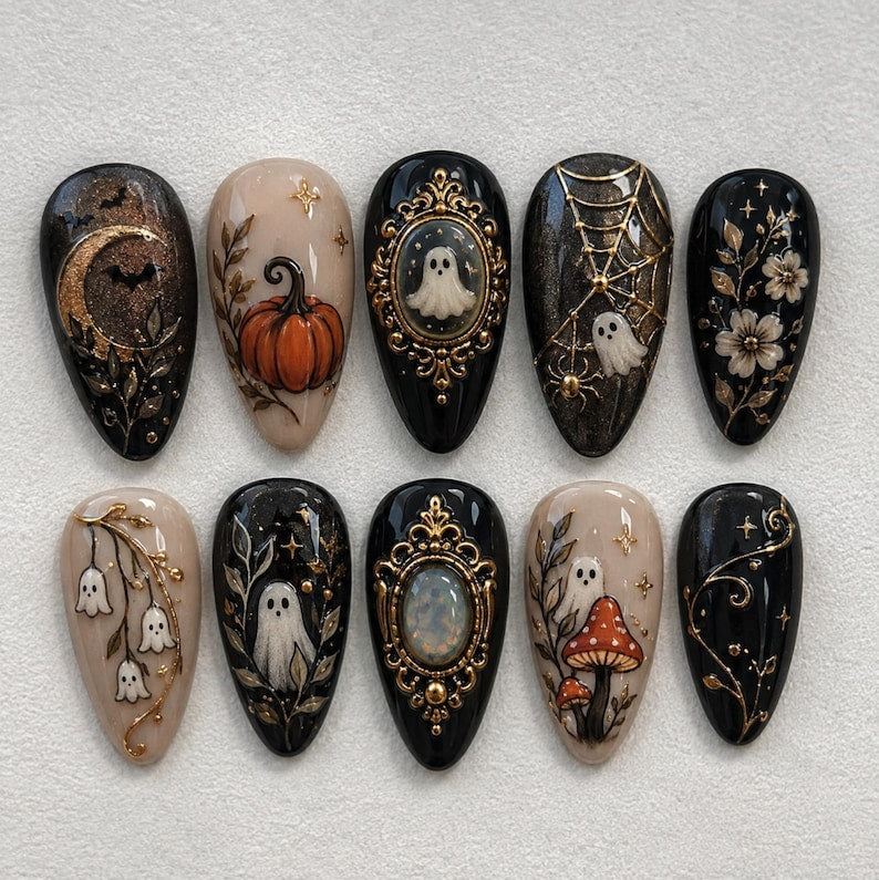 Vintage Halloween Press On Nails | Ghost Pumpkin Mushroom Nails | Gothic Black Gold Nails | Witchy Spider Web Fall Nail Art