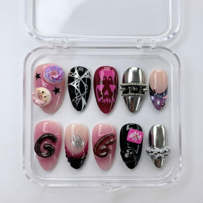 Katakuri Inspired press-on Nails, Anime Gothic Pink Black 3D Nails, Mochi Drip Chrome Nails, Villain Aesthetic Set.
