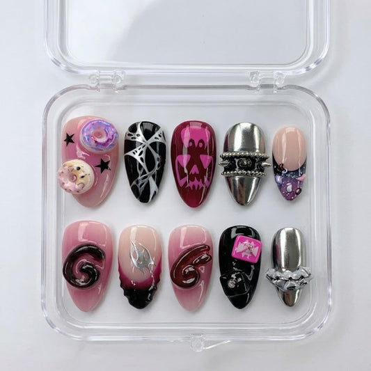 Katakuri Inspired press-on Nails, Anime Gothic Pink Black 3D Nails, Mochi Drip Chrome Nails, Villain Aesthetic Set.