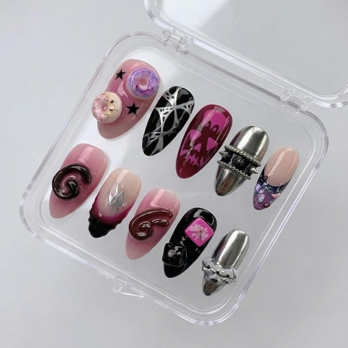 Katakuri Inspired press-on Nails, Anime Gothic Pink Black 3D Nails, Mochi Drip Chrome Nails, Villain Aesthetic Set.