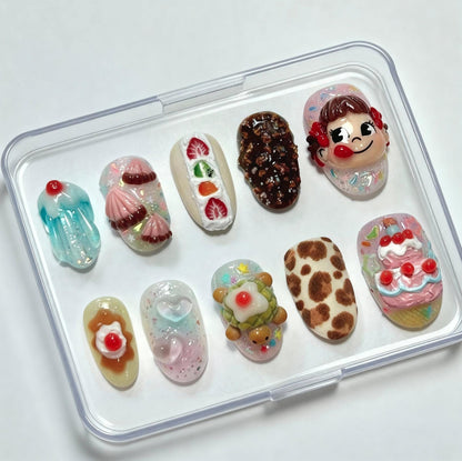Kawaii 3D Peko-chan Dessert Nails; Handmade Japanese Sweet press-on Nails with Strawberry and Cake Design.