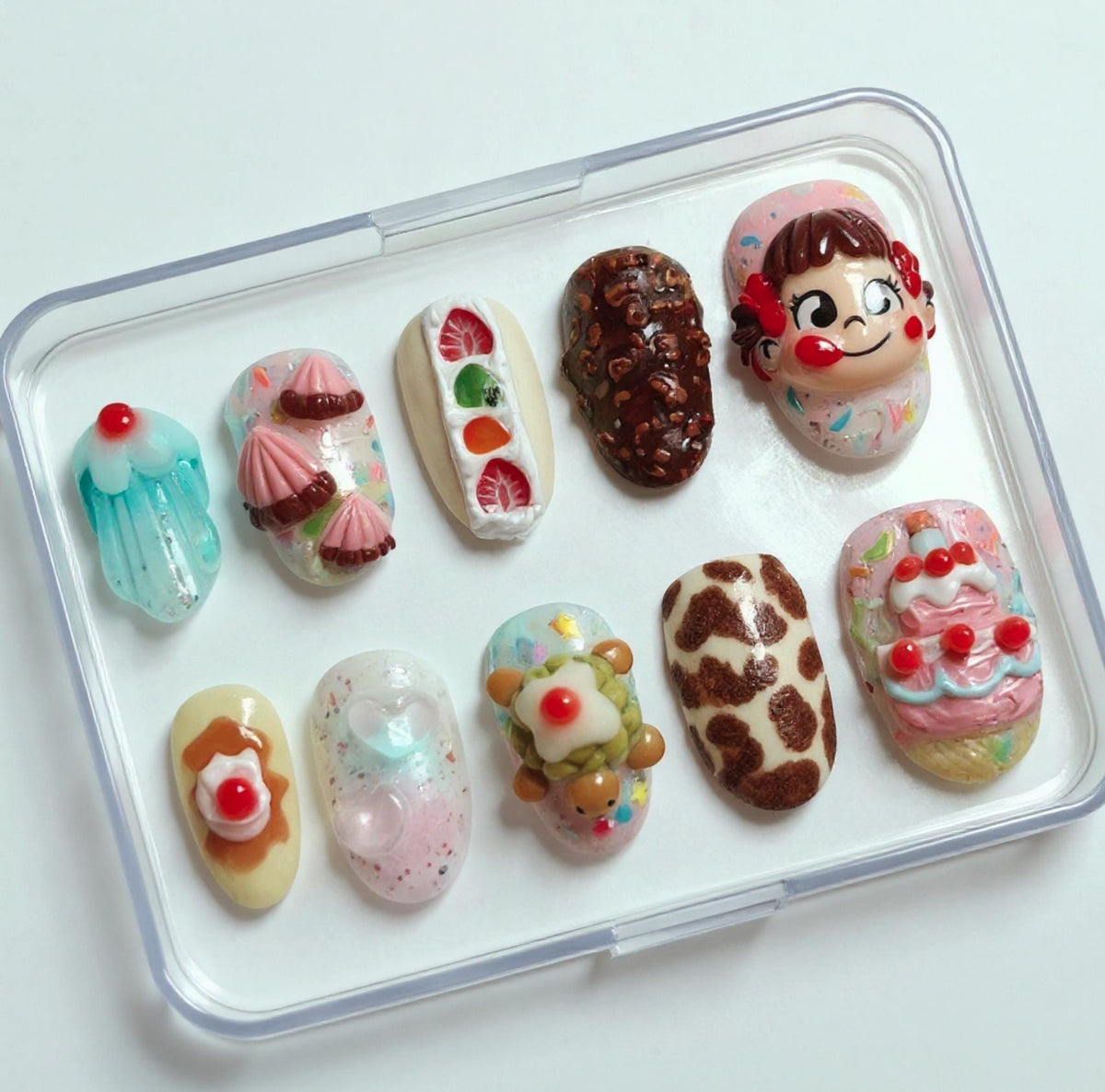 Kawaii 3D Peko-chan Dessert Nails; Handmade Japanese Sweet press-on Nails with Strawberry and Cake Design.