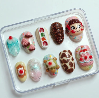 Kawaii 3D Peko-chan Dessert Nails; Handmade Japanese Sweet press-on Nails with Strawberry and Cake Design.