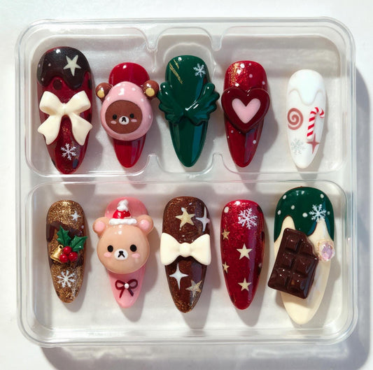 Kawaii 3D Rilakkuma Christmas press-on Nails; Cute Bear, Candy Cane, Chocolate, Bows and Snowflakes.