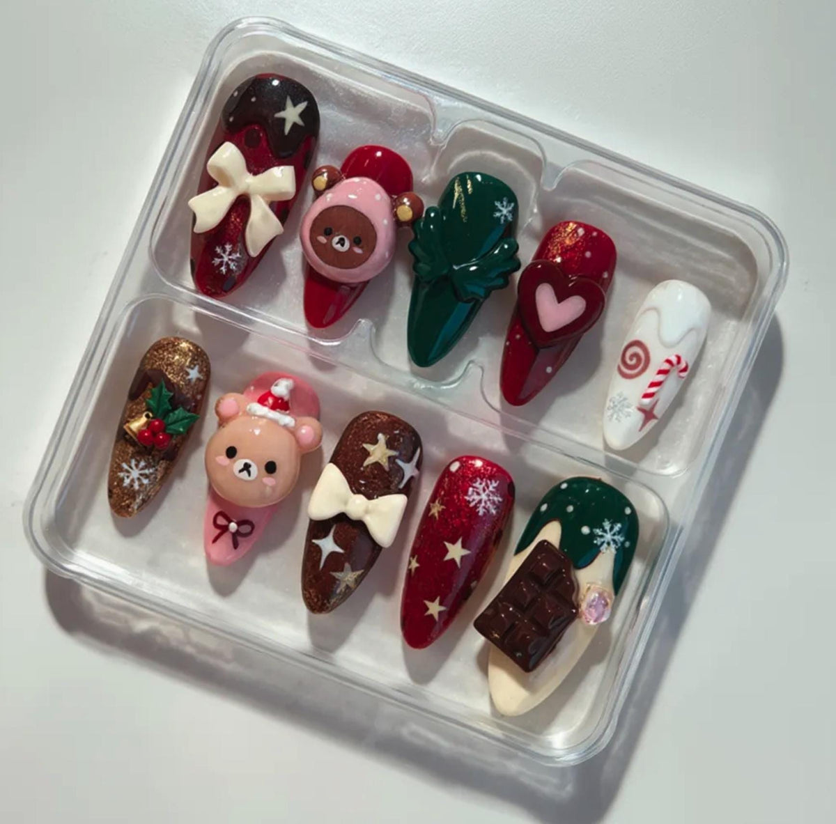 Kawaii 3D Rilakkuma Christmas press-on Nails; Cute Bear, Candy Cane, Chocolate, Bows and Snowflakes.