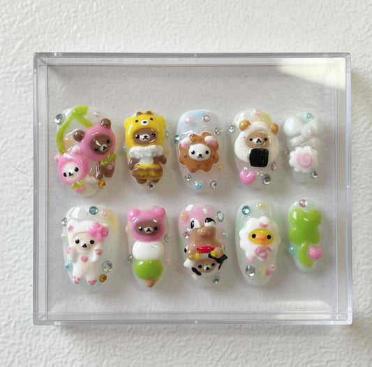 Kawaii 3D Rilakkuma Nails; Handmade Pastel press-on Nails with Cute Bear and Friends Design.