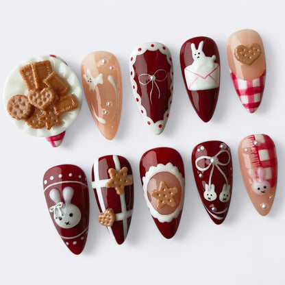 Kawaii Bunny Cookie press-on Nails: 3D Holiday Nail Art.