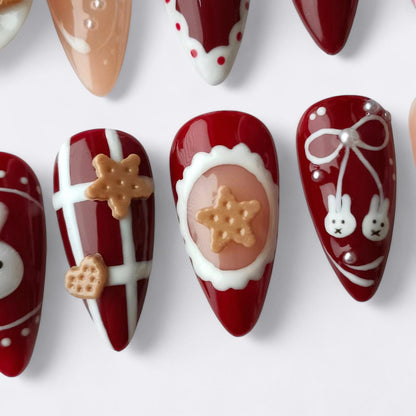 Kawaii Bunny Cookie press-on Nails: 3D Holiday Nail Art.