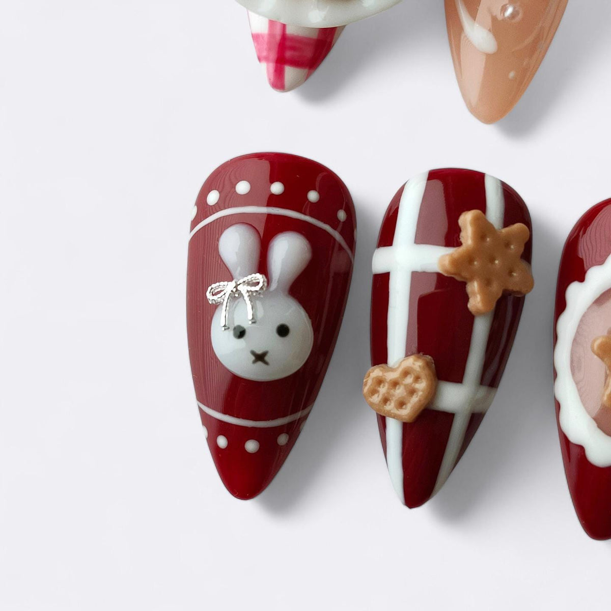 Kawaii Bunny Cookie press-on Nails: 3D Holiday Nail Art.
