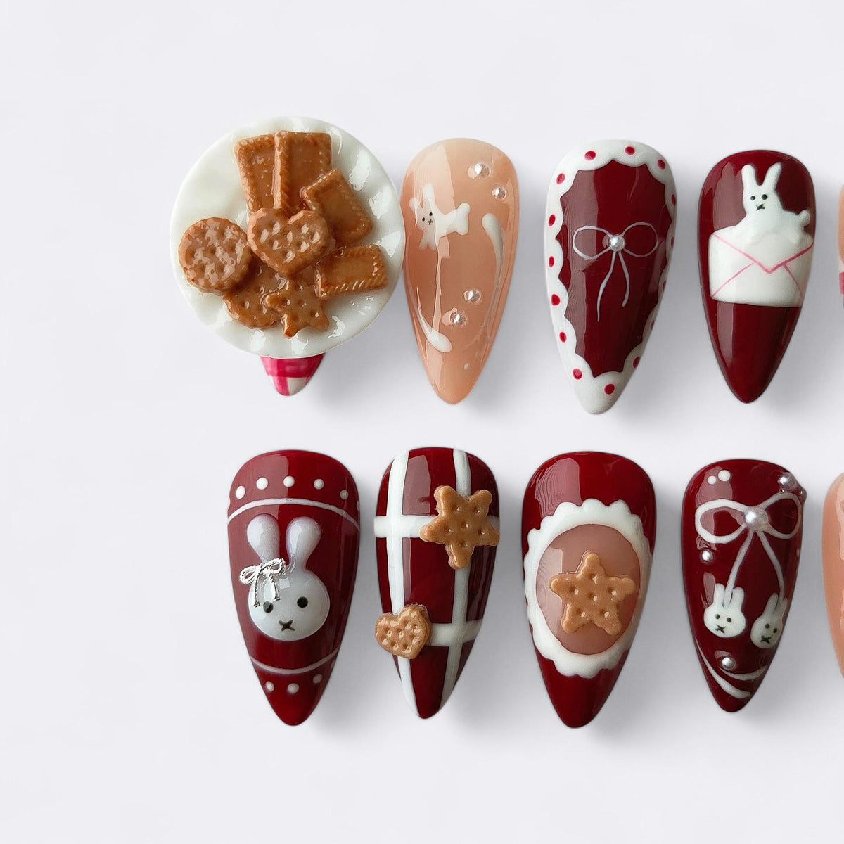 Kawaii Bunny Cookie press-on Nails: 3D Holiday Nail Art.