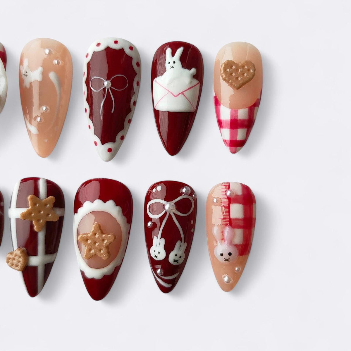 Kawaii Bunny Cookie press-on Nails: 3D Holiday Nail Art.