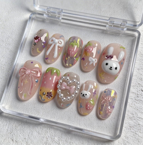 Kawaii Bunny press-on Nails; Strawberry Bow Nails.