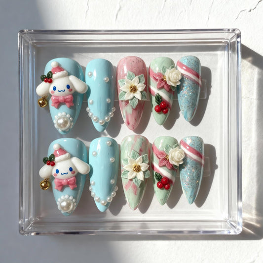 Kawaii Cinnamoroll Inspired Christmas press-on Nails; 3D Bunny, Pearls, Candy Cane, Handmade Fake Nails, Holiday Gift for Her.