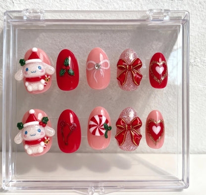Kawaii Cinnamoroll Inspired Christmas press-on Nails; Red and Pink Holiday Nails, 3D Bunny, Bows, Candy, Handmade Fake Nails, Gift for Her.