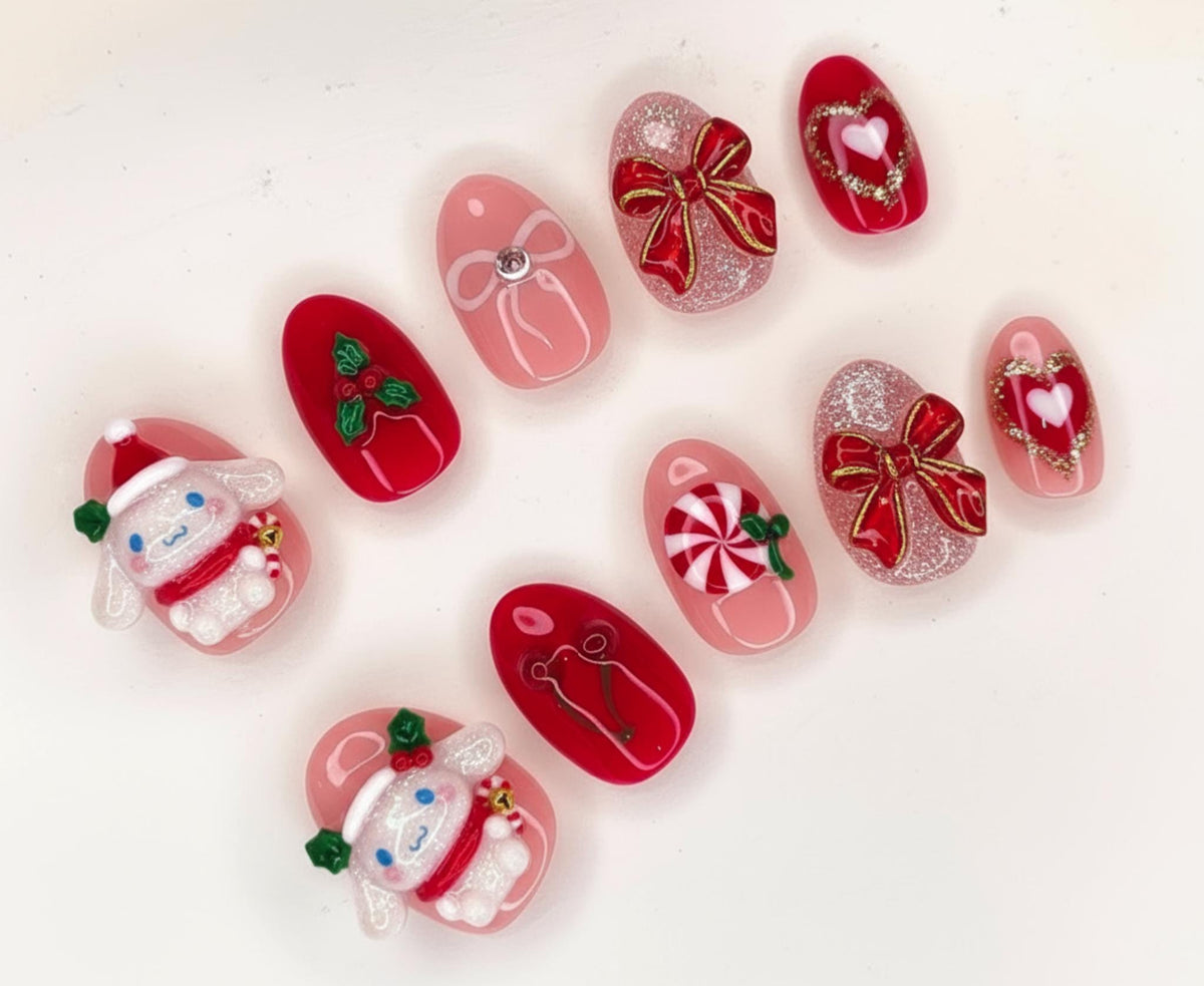 Kawaii Cinnamoroll Inspired Christmas press-on Nails; Red and Pink Holiday Nails, 3D Bunny, Bows, Candy, Handmade Fake Nails, Gift for Her.