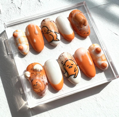 Kawaii Gudetama Inspired press-on Nails; Egg Yolk Orange Nails, 3D Drips, Handmade Fake Nails, Cute Gift for Her, Nail Art Tips.