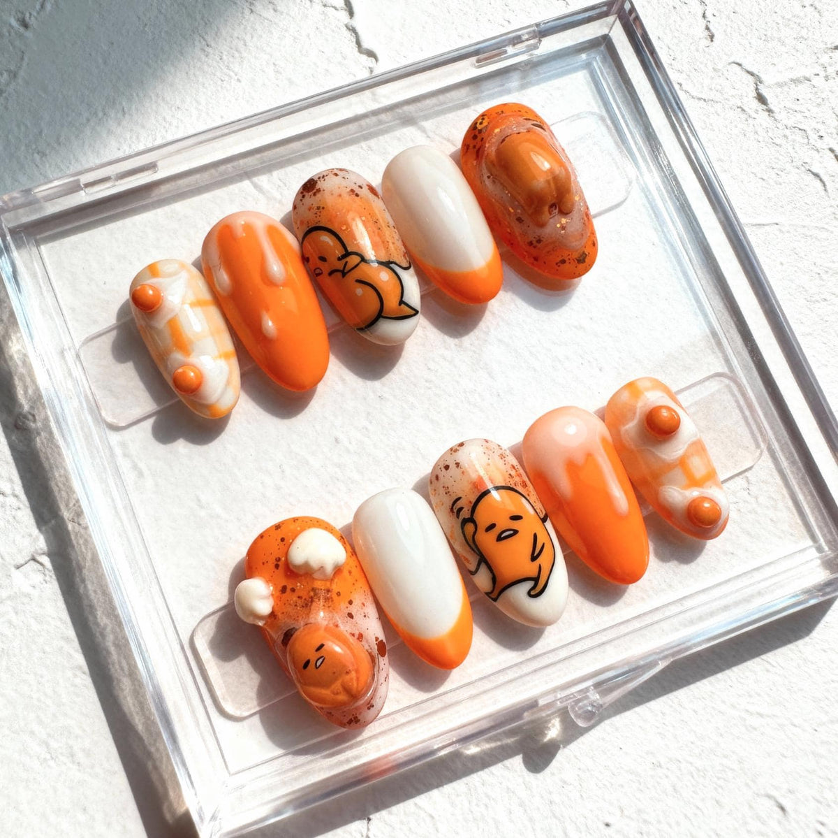 Kawaii Gudetama Inspired press-on Nails; Egg Yolk Orange Nails, 3D Drips, Handmade Fake Nails, Cute Gift for Her, Nail Art Tips.