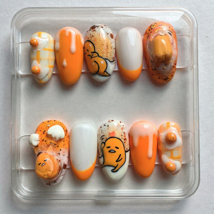 Kawaii Gudetama Inspired press-on Nails; Egg Yolk Orange Nails, 3D Drips, Handmade Fake Nails, Cute Gift for Her, Nail Art Tips.