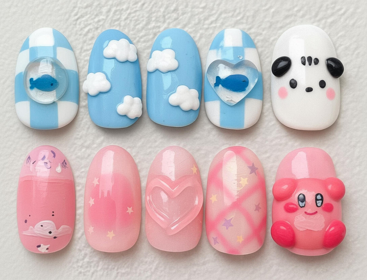 Kawaii Kirby press-on Nails: 3D Cloud Nail Art, Pastel Pink and Blue.