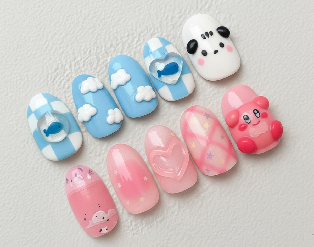 Kawaii Kirby press-on Nails: 3D Cloud Nail Art, Pastel Pink and Blue.