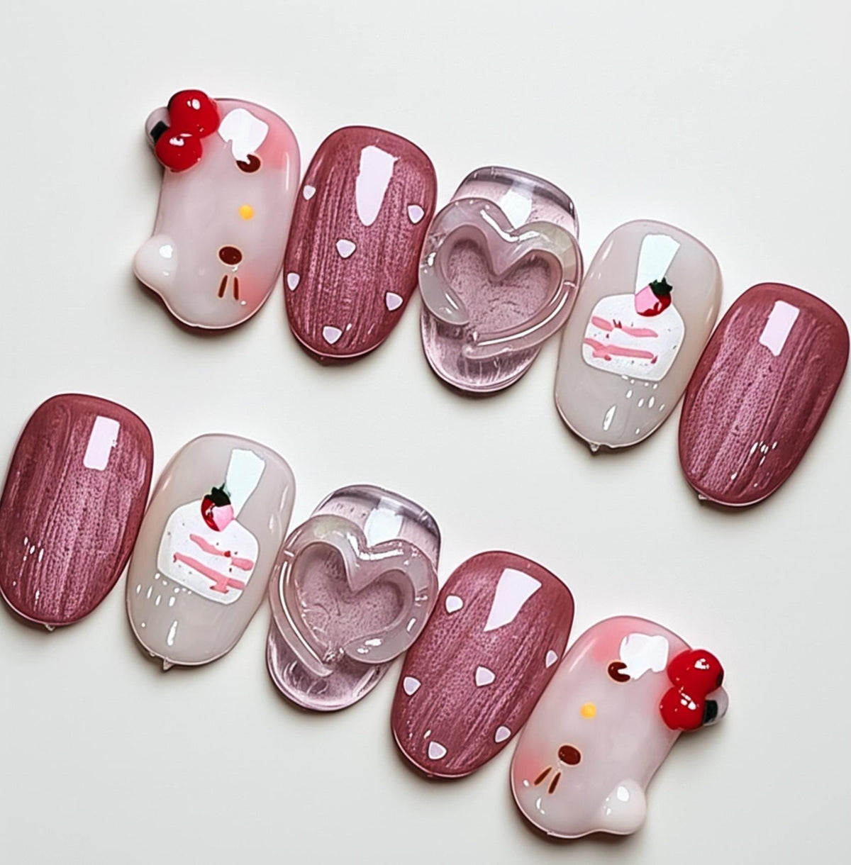 Kawaii Kitty press-on Nails: 3D Heart, Cake, Strawberry Nail Art.