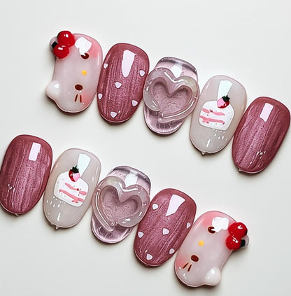 Kawaii Kitty press-on Nails: 3D Heart, Cake, Strawberry Nail Art.