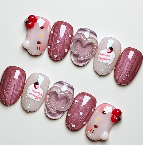 Kawaii Kitty press-on Nails: 3D Heart, Cake, Strawberry Nail Art.
