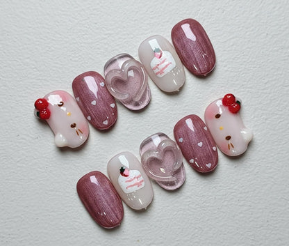 Kawaii Kitty press-on Nails: 3D Heart, Cake, Strawberry Nail Art.